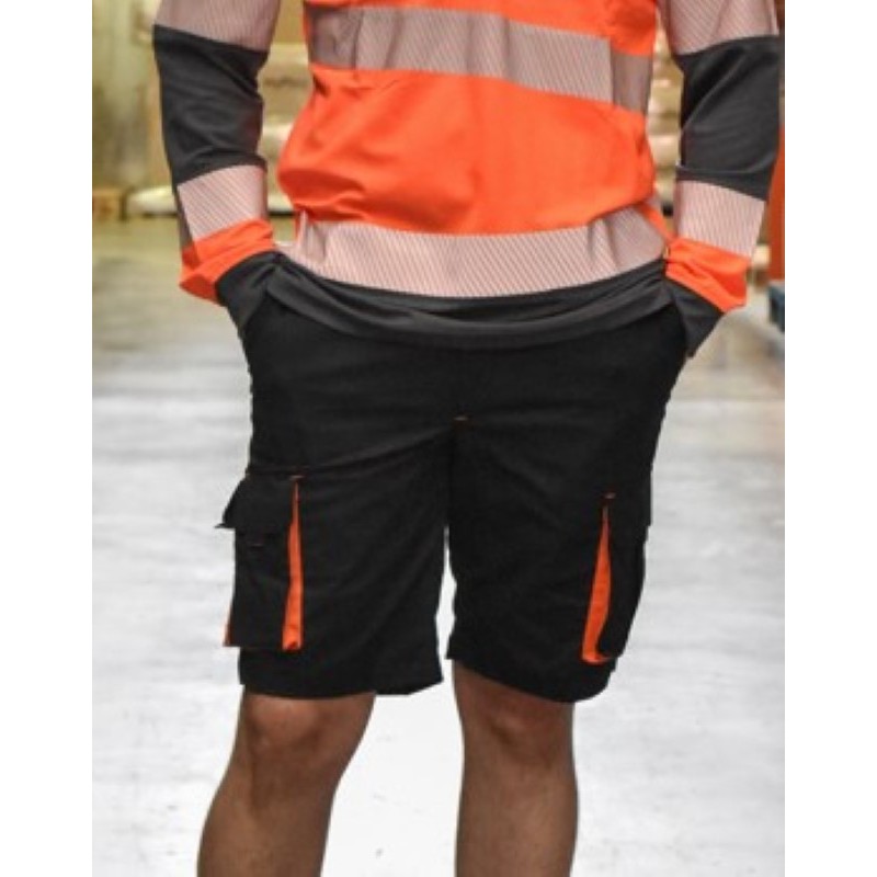 Pantalón Bermuda laboral de verano gris oscuro con detalles en naranja,...