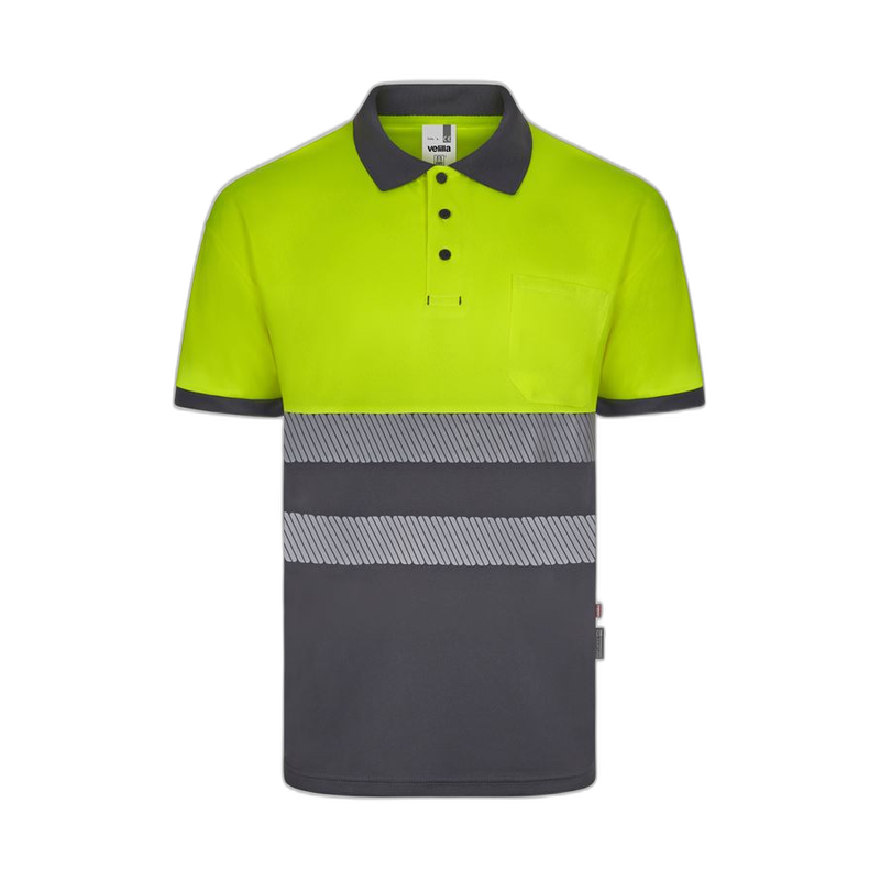 Polo poliéster reciclado alta visibilidad manga corta gris amarillo flúor,...