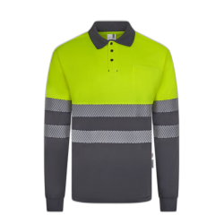 Polo poliéster reciclado alta visibilidad manga larga gris amarillo flúor,...