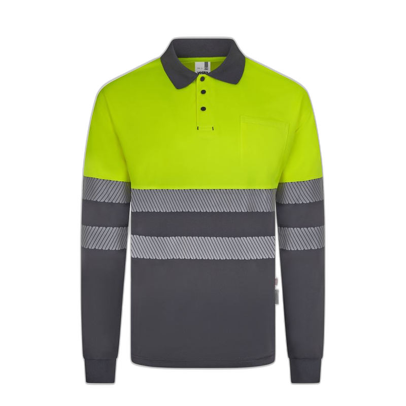 Polo poliéster reciclado alta visibilidad manga larga gris amarillo flúor,...