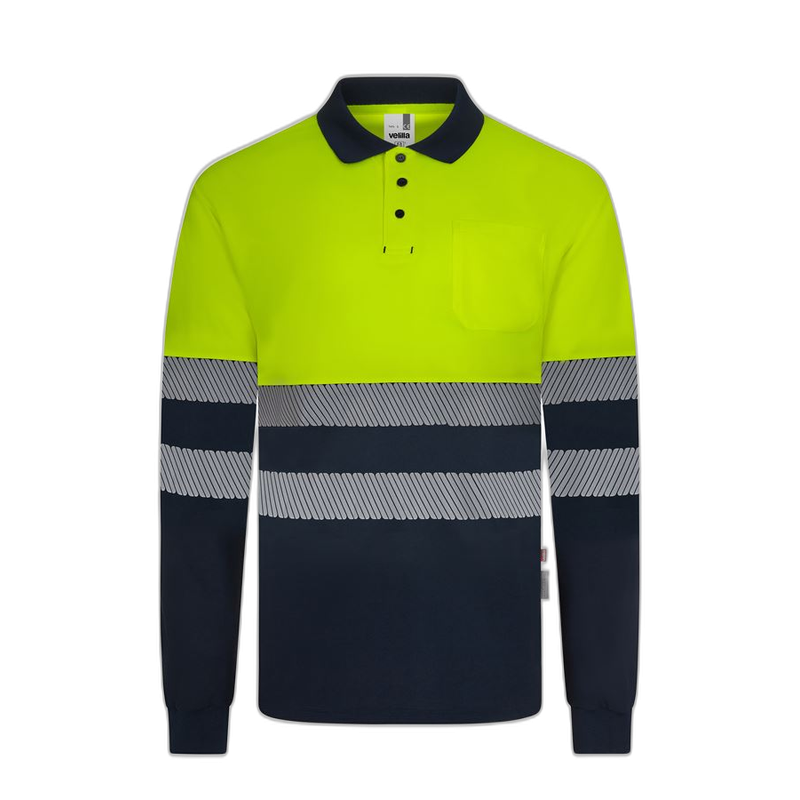 Polo poliéster reciclado alta visibilidad manga larga navy amarillo flúor,...
