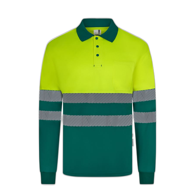 Polo poliéster reciclado alta visibilidad manga larga verde amarillo flúor,...