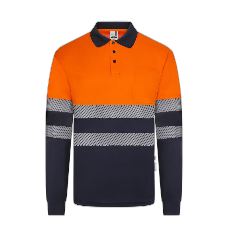 Polo poliéster reciclado alta visibilidad manga larga navy naranja flúor,...