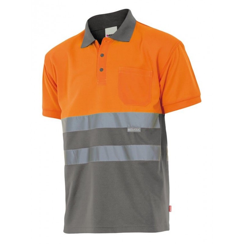 Polo de manga corta alta visibilidad color Naranja flúor/gris, ref. 173_08/19, Velilla